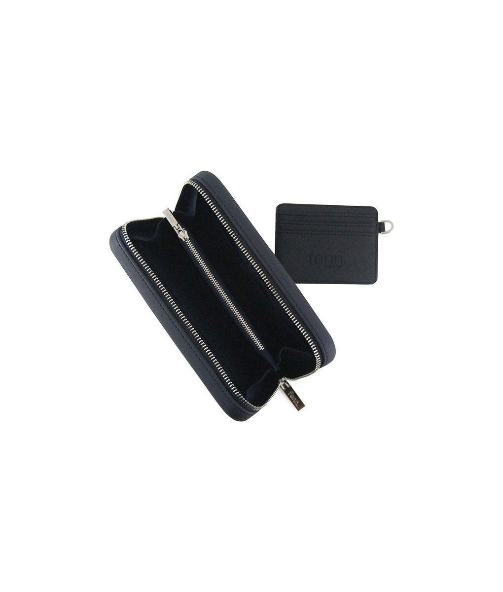 014-004-3 Navy Wallet made from vinyl with a canvas interior, and has space for 8 cards