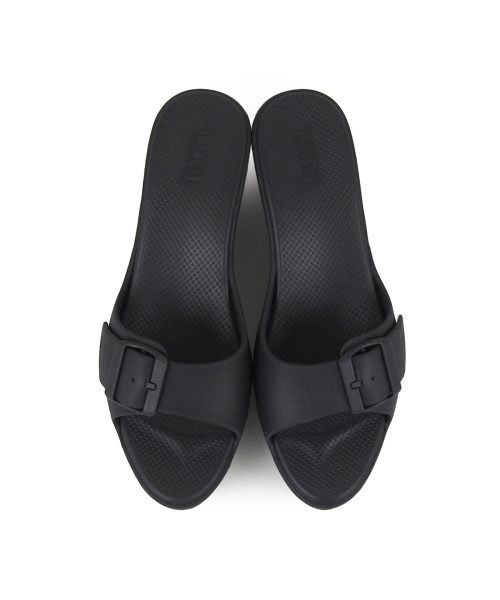 Elegant Black Wedge sandals with a single strap, adjustable buckle and breathable insoles