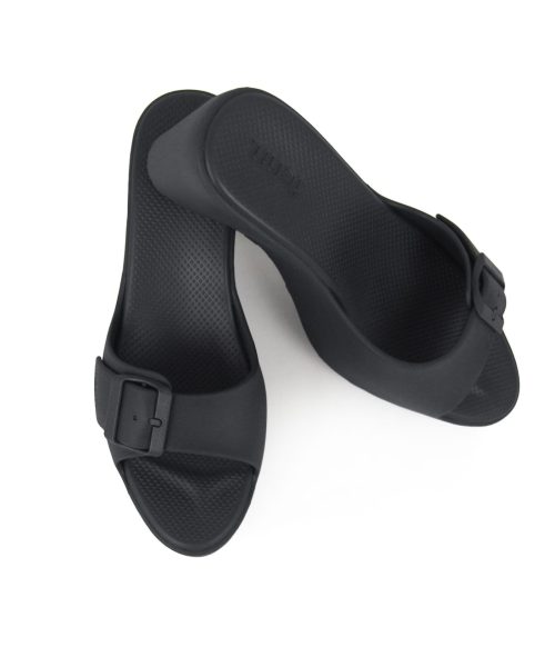 Elegant Black Wedge sandals with a single strap, adjustable buckle and breathable insoles