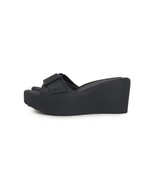Elegant Black Wedge sandals with a single strap, adjustable buckle and breathable insoles