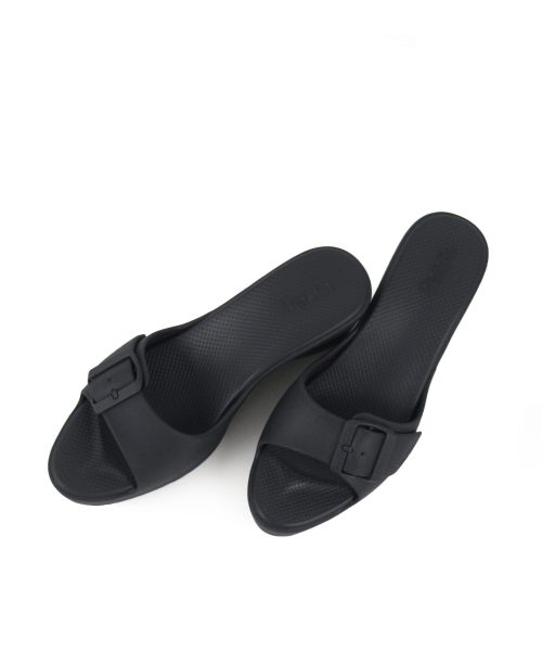 Elegant Black Wedge sandals with a single strap, adjustable buckle and breathable insoles