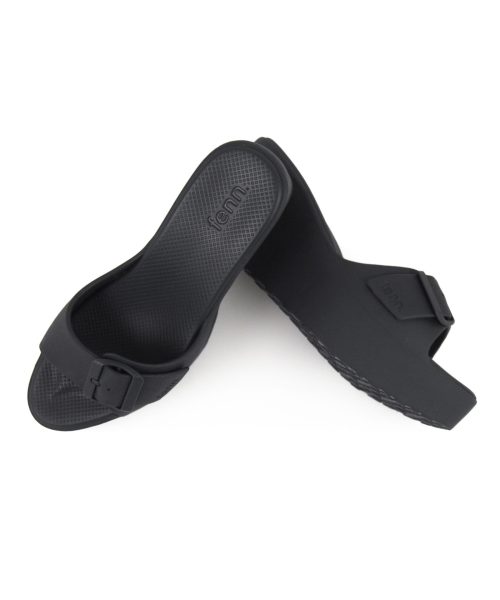 Elegant Black Wedge sandals with a single strap, adjustable buckle and breathable insoles