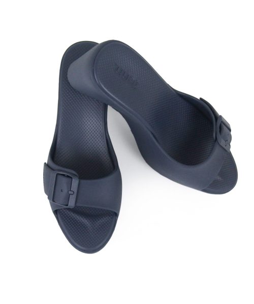 Elegant Navy Wedge sandals with a single strap, adjustable buckle and breathable insoles