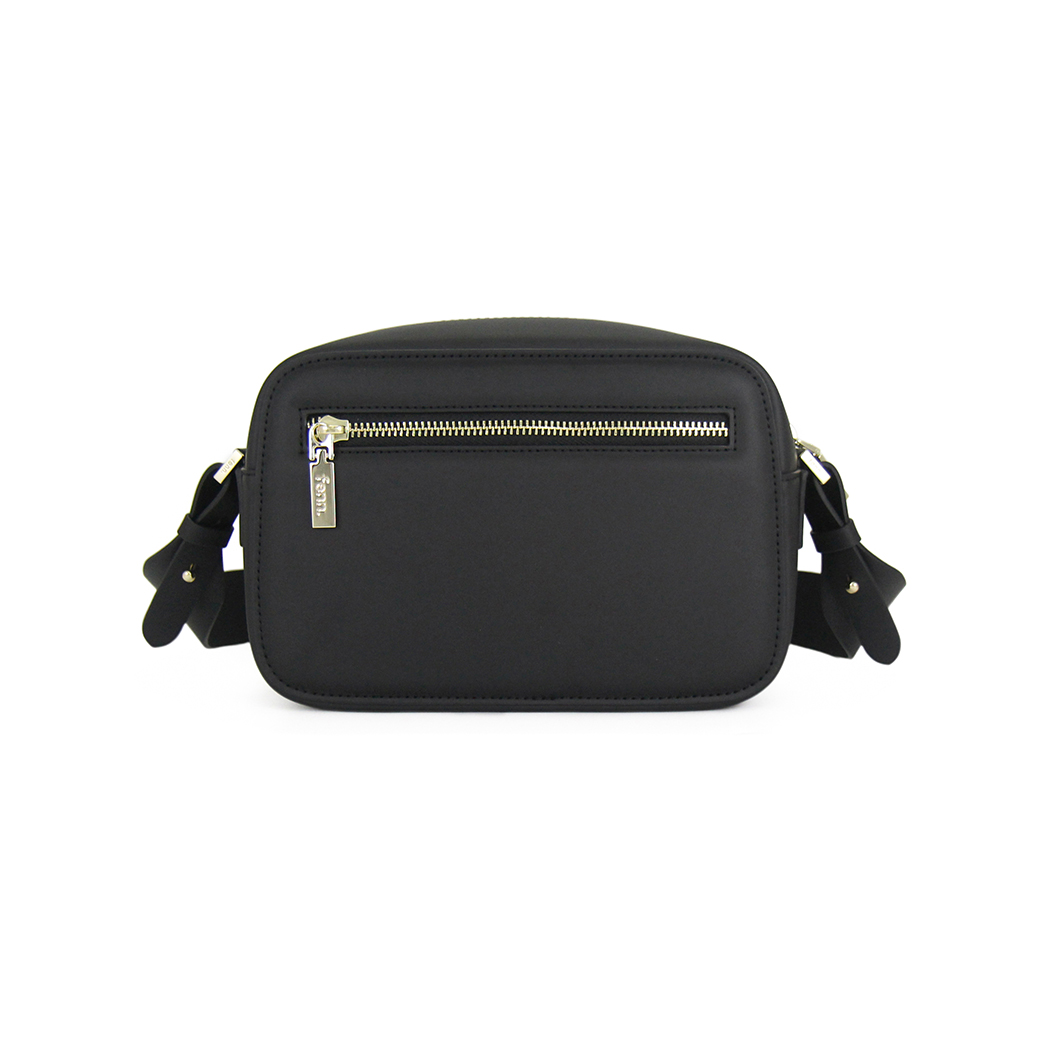 018-005-gold-7 Black Sling Bag with an outside zip and inside pouch, it's water resistant and has an adjustable strap