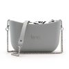 Grey Shoulder Bag with a vinyl exterior, removable canvas-lined interior and an adjustable chained strap