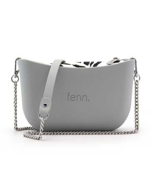 Grey Shoulder Bag with a vinyl exterior, removable canvas-lined interior and an adjustable chained strap