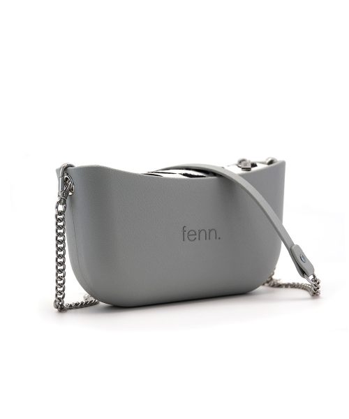 Grey Shoulder Bag with a vinyl exterior, removable canvas-lined interior and an adjustable chained strap