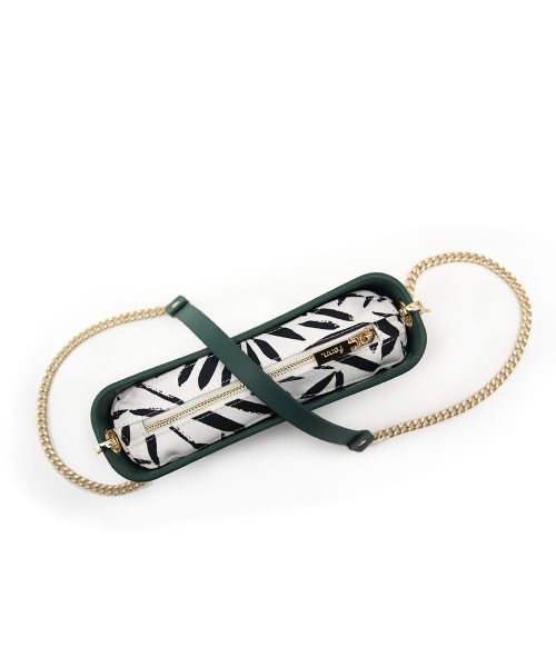 Green Shoulder Bag with a vinyl exterior, removable canvas-lined interior and an adjustable chained strap