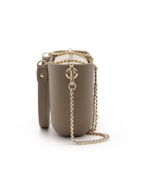 Stone Shoulder Bag with a vinyl exterior, removable canvas-lined interior and an adjustable chained strap