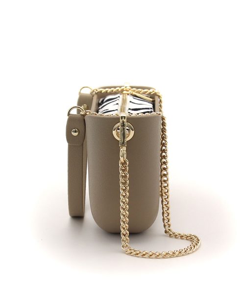 Stone Shoulder Bag with a vinyl exterior, removable canvas-lined interior and an adjustable chained strap