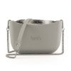Grey Shoulder Bag with a vinyl exterior, removable canvas-lined interior and an adjustable chained strap