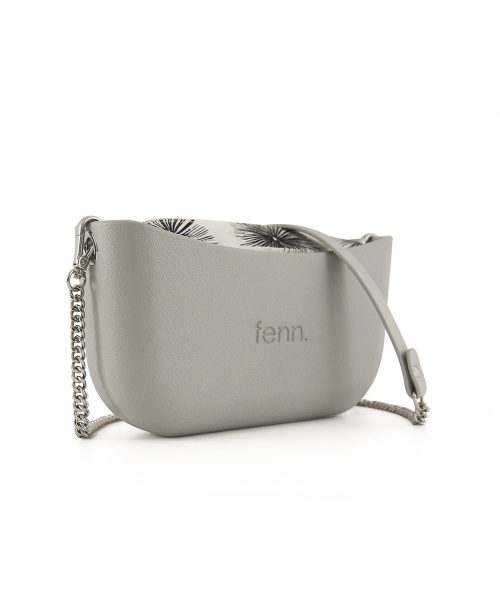 Grey Shoulder Bag with a vinyl exterior, removable canvas-lined interior and an adjustable chained strap