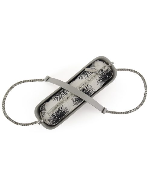 Grey Shoulder Bag with a vinyl exterior, removable canvas-lined interior and an adjustable chained strap
