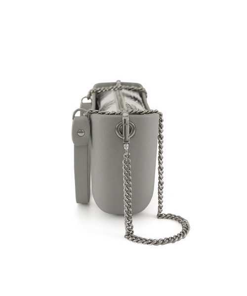 Grey Shoulder Bag with a vinyl exterior, removable canvas-lined interior and an adjustable chained strap