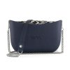 Navy Shoulder Bag with a vinyl exterior, removable canvas-lined interior and an adjustable chained strap