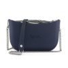 Navy Shoulder Bag with a vinyl exterior, removable canvas-lined interior and an adjustable chained strap