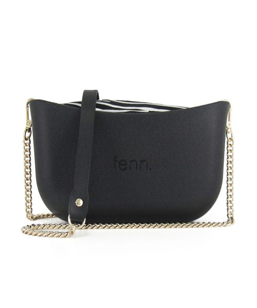 Black Shoulder Bag with a vinyl exterior, removable canvas-lined interior and an adjustable chained strap