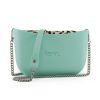 Turquoise Shoulder Bag with a vinyl exterior, removable canvas-lined interior and an adjustable chained strap