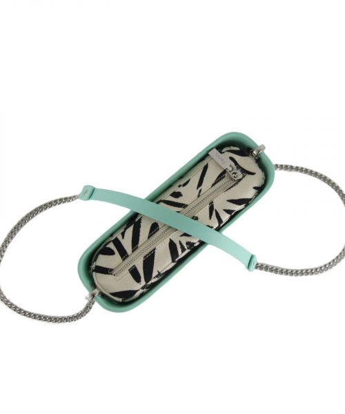Turquoise Shoulder Bag with a vinyl exterior, removable canvas-lined interior and an adjustable chained strap