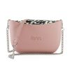 Pink Shoulder Bag with a vinyl exterior, removable canvas-lined interior and an adjustable chained strap