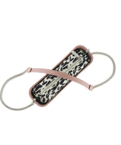Pink Shoulder Bag with a vinyl exterior, removable canvas-lined interior and an adjustable chained strap