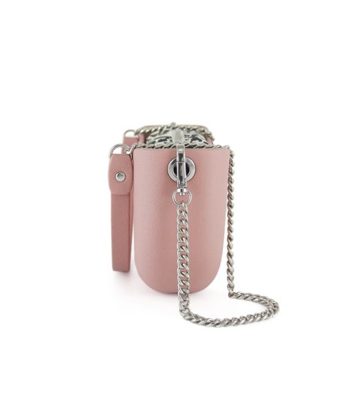 Pink Shoulder Bag with a vinyl exterior, removable canvas-lined interior and an adjustable chained strap