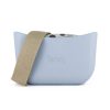 Powder Blue Shoulder Bag with a vinyl exterior, removable canvas-lined interior and an adjustable canvas strap