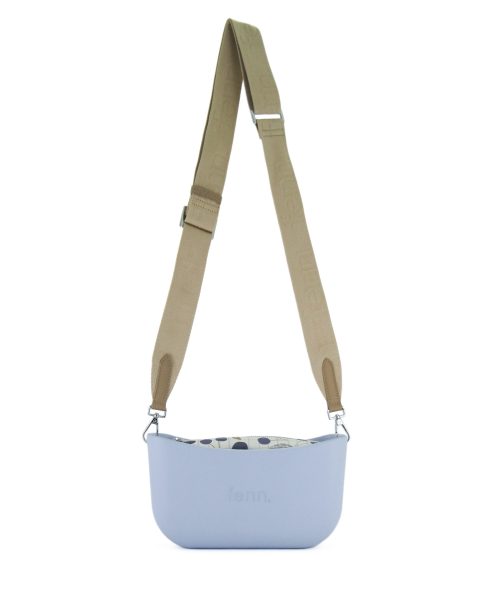 Powder Blue Shoulder Bag with a vinyl exterior, removable canvas-lined interior and an adjustable canvas strap