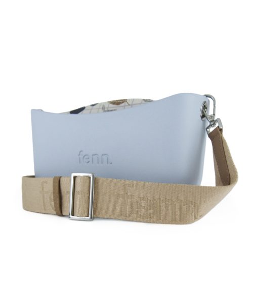 Powder Blue Shoulder Bag with a vinyl exterior, removable canvas-lined interior and an adjustable canvas strap