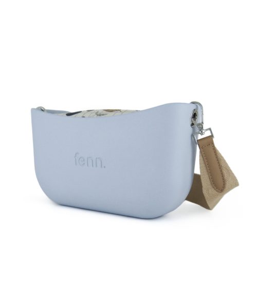 Powder Blue Shoulder Bag with a vinyl exterior, removable canvas-lined interior and an adjustable canvas strap