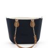 Navy Mini Tote Bag with interchangeable handles and an inner made of canvas
