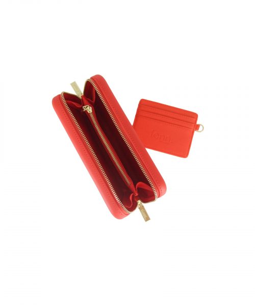 Tangerine Red Wallet made from vinyl with a canvas interior, and has space for 8 cards