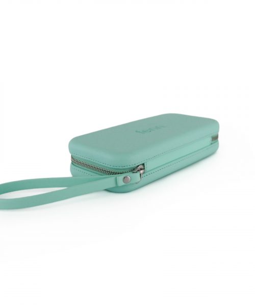 Turquoise Wallet made from vinyl with a canvas interior, and has space for 8 cards