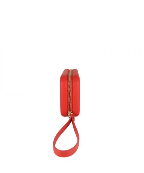Tangerine Red Wallet made from vinyl with a canvas interior, and has space for 8 cards