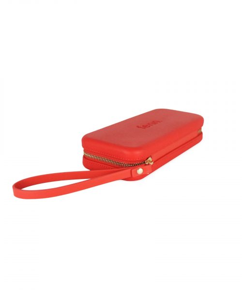 Tangerine Red Wallet made from vinyl with a canvas interior, and has space for 8 cards