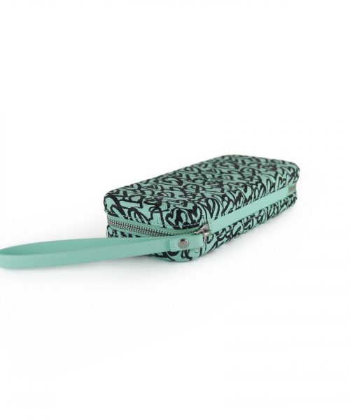 Turquoise Heart Wallet made from vinyl and has lined interior with canvas having space for 8 cards