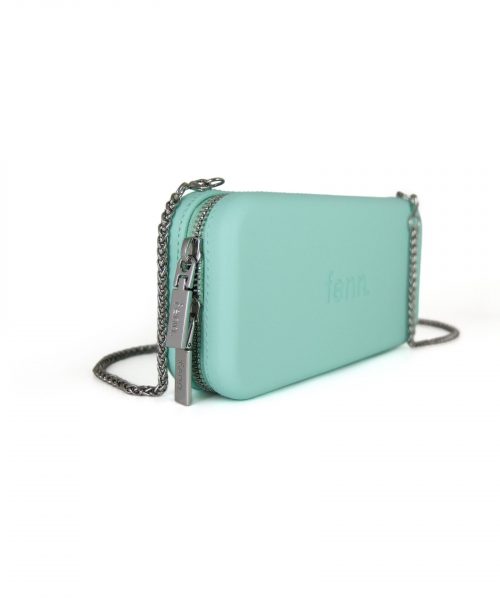 Turquoise Wallet made from vinyl with a canvas interior, and has space for 8 cards
