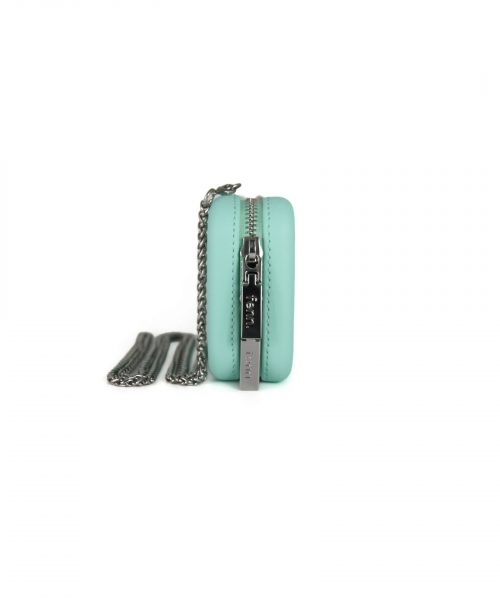 Turquoise Wallet made from vinyl with a canvas interior, and has space for 8 cards