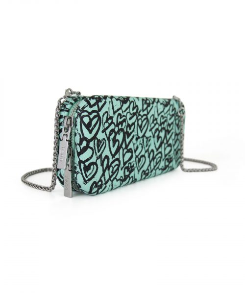 Turquoise Heart Wallet made from vinyl with a canvas interior, and has space for 8 cards