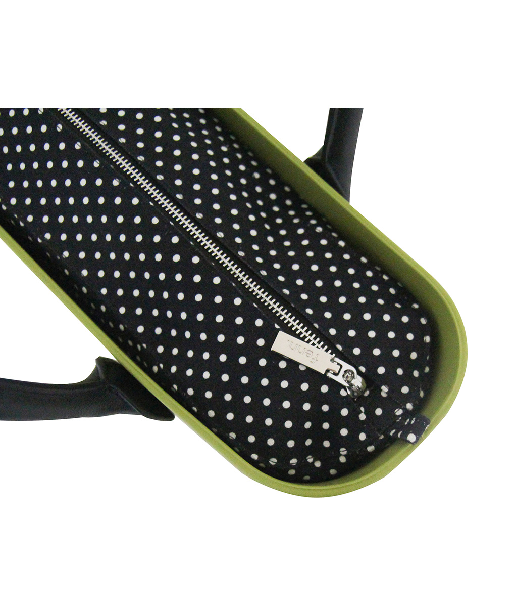LIME-001-1086--3 This Lime Tote Bag features a stunning vinyl exterior that exudes sophistication while the handles and inners are interchangeable