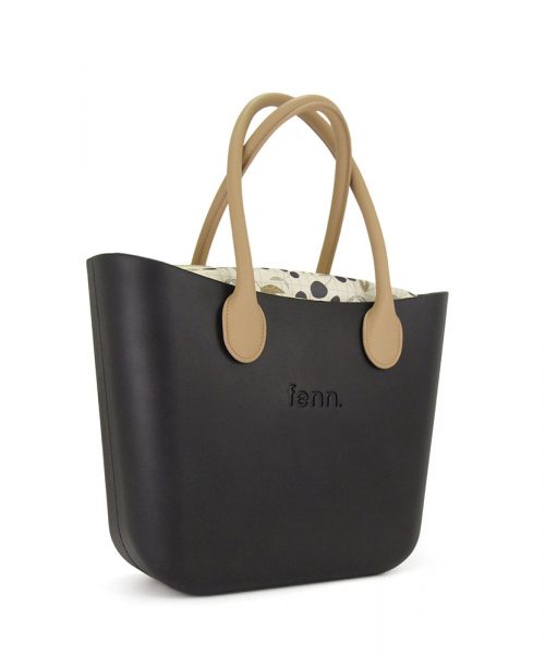 This Black Tote Bag features a stunning vinyl exterior that exudes sophistication while the handles and inners are interchangeable