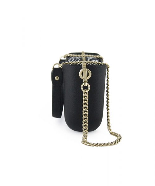 Black Shoulder Bag with a vinyl exterior, removable canvas-lined interior and an adjustable chained strap