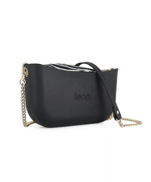 Black Shoulder Bag with a vinyl exterior, removable canvas-lined interior and an adjustable chained strap