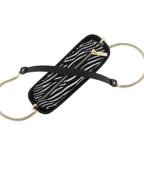 Black Shoulder Bag with a vinyl exterior, removable canvas-lined interior and an adjustable chained strap