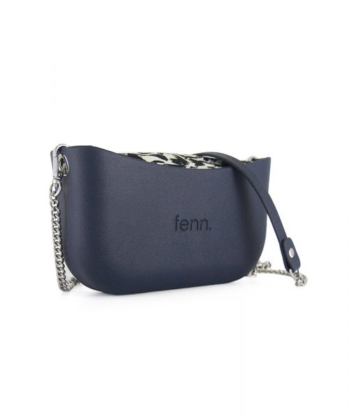 Navy Shoulder Bag with a vinyl exterior, removable canvas-lined interior and an adjustable chained strap