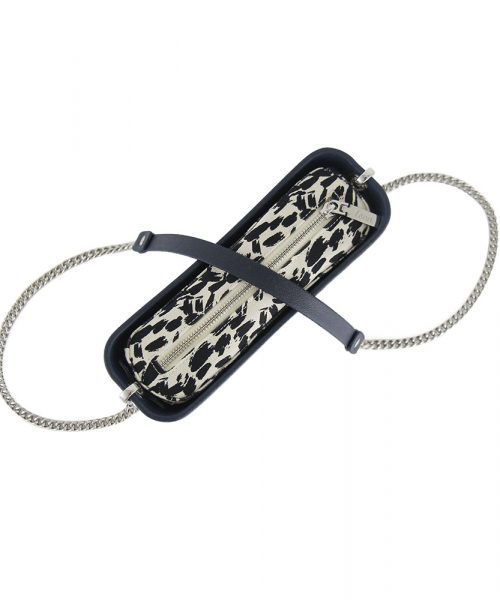 Navy Shoulder Bag with a vinyl exterior, removable canvas-lined interior and an adjustable chained strap