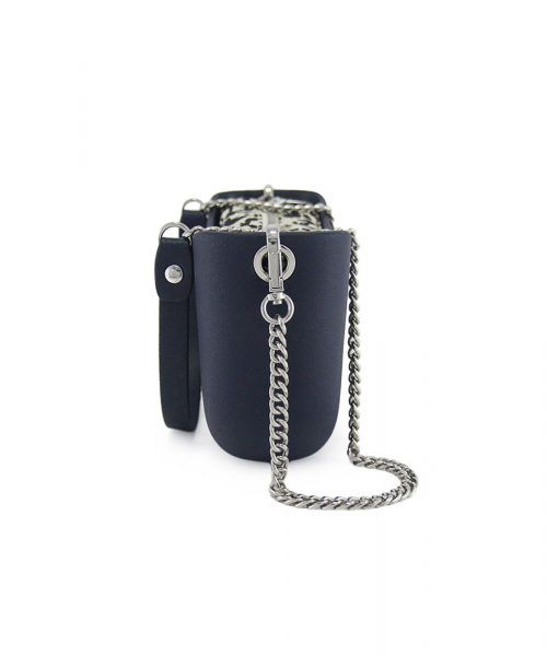Navy Shoulder Bag with a vinyl exterior, removable canvas-lined interior and an adjustable chained strap