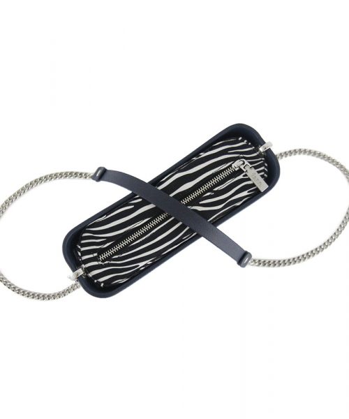 Navy Shoulder Bag with a vinyl exterior, removable canvas-lined interior and an adjustable chained strap