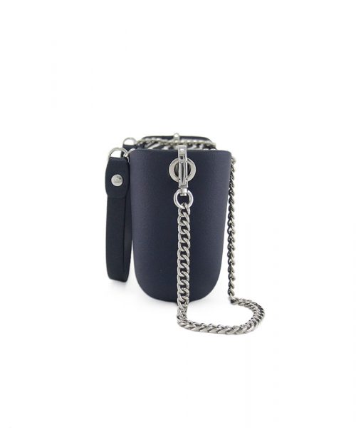 Navy Shoulder Bag with a vinyl exterior, removable canvas-lined interior and an adjustable chained strap